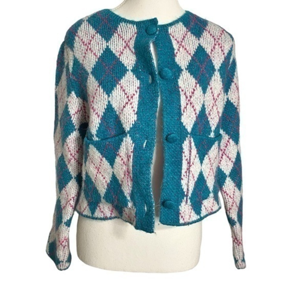 Zara Blue Pink Jacquard Cropped Long Sleeve Button Down Cardigan